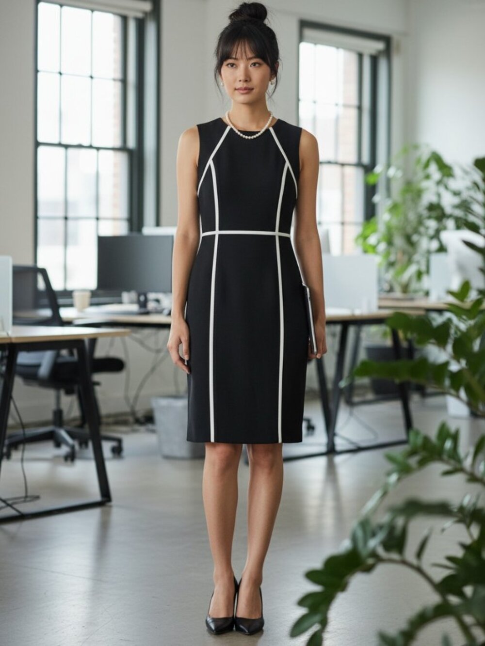 Calvin Klein Sheath Dress Women Size 4 Black White Excellent Piping Sleeveless